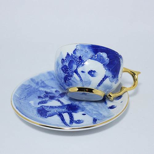 古典青花-雲耳咖啡杯盤組-流釉荷花